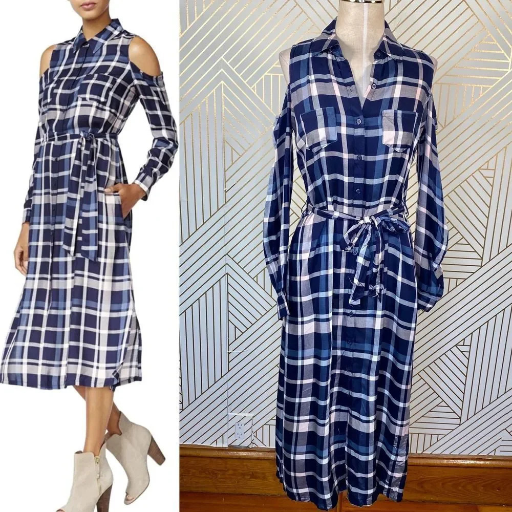 Maison Jules Cold-Shoulder Plaid Midi Shirt Dress